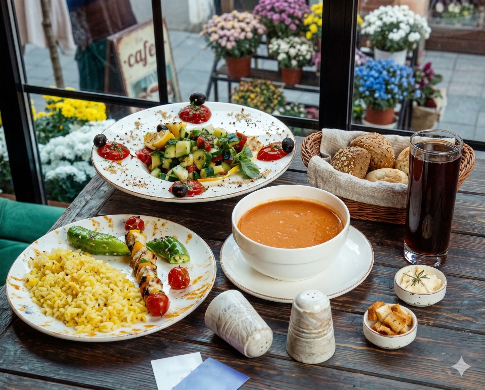 „Vegane Mahlzeit im Lovaena Café Hamburg Wilhelmsburg mit frischem Gemüsesalat, Suppe, gelbem Reis, Brot und Getränk – gesunde pflanzliche Ernährung voller Farbe und Geschmack.