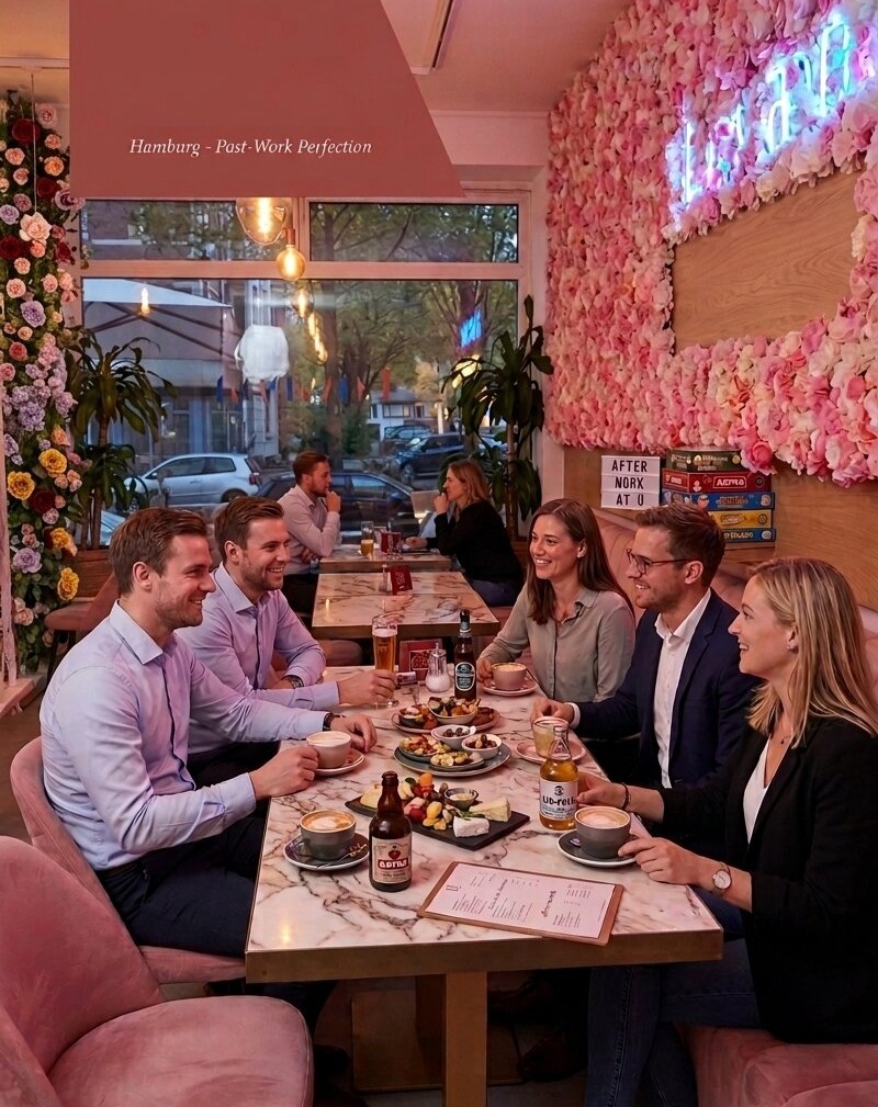 Freunde genießen Feierabend im After-Work Café Hamburg