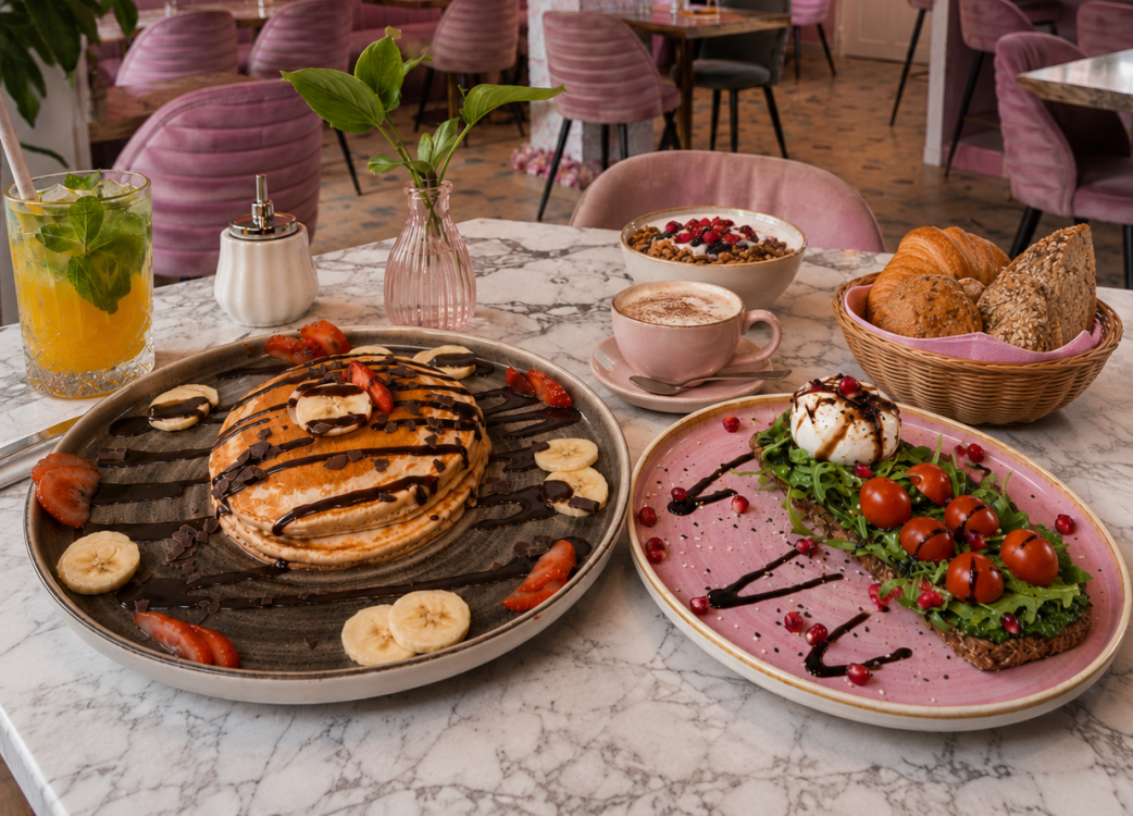 Restaurant Wilhelmsburg 3 Restaurant Freunde genießen ein reichhaltiges Foodie Hotspot Wilhelmsburg – Entdecke das Lovaena Café Frühstück mit frischen Zutaten, bunten Salaten, Ei, Pancakes und verschiedenen Dips.
